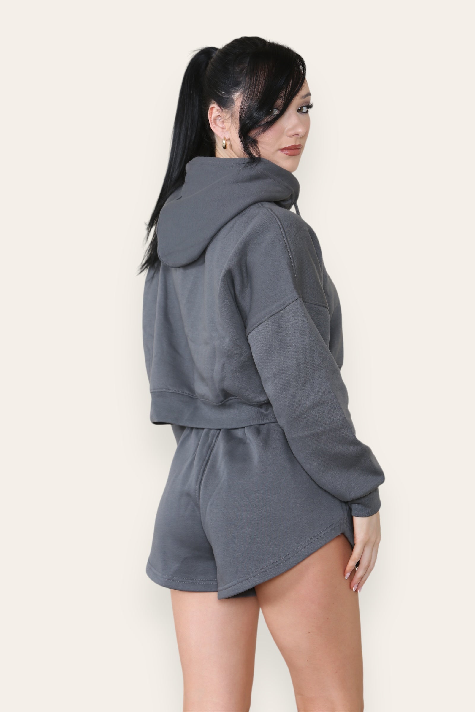 Charcoal Grey Crop Sweatshirt And Shorts Set - Violet - Storm Desire
