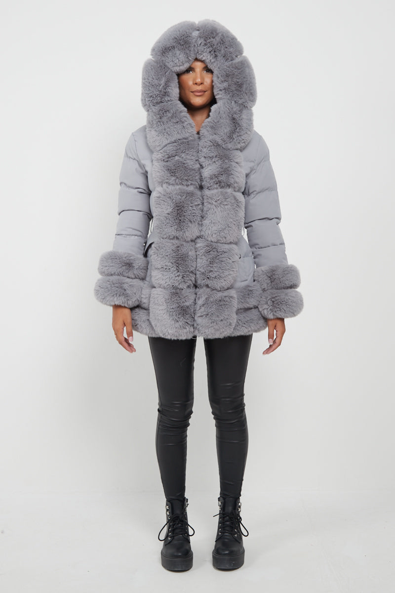 Grey swirl faux hot sale fur coat