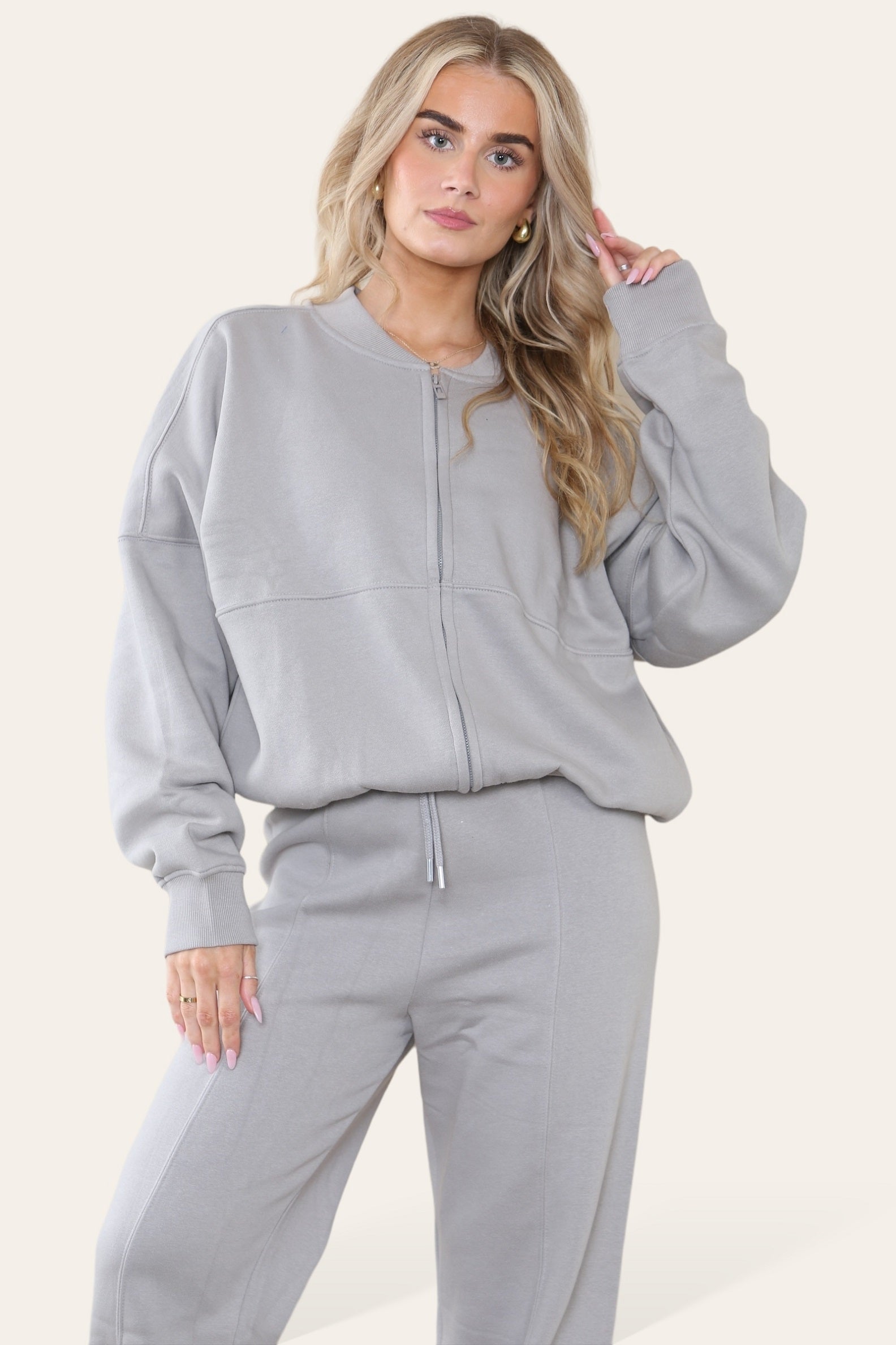 Bomber Style Oversize Fleece Zipper & Jogger Set - Sara - Storm Desire