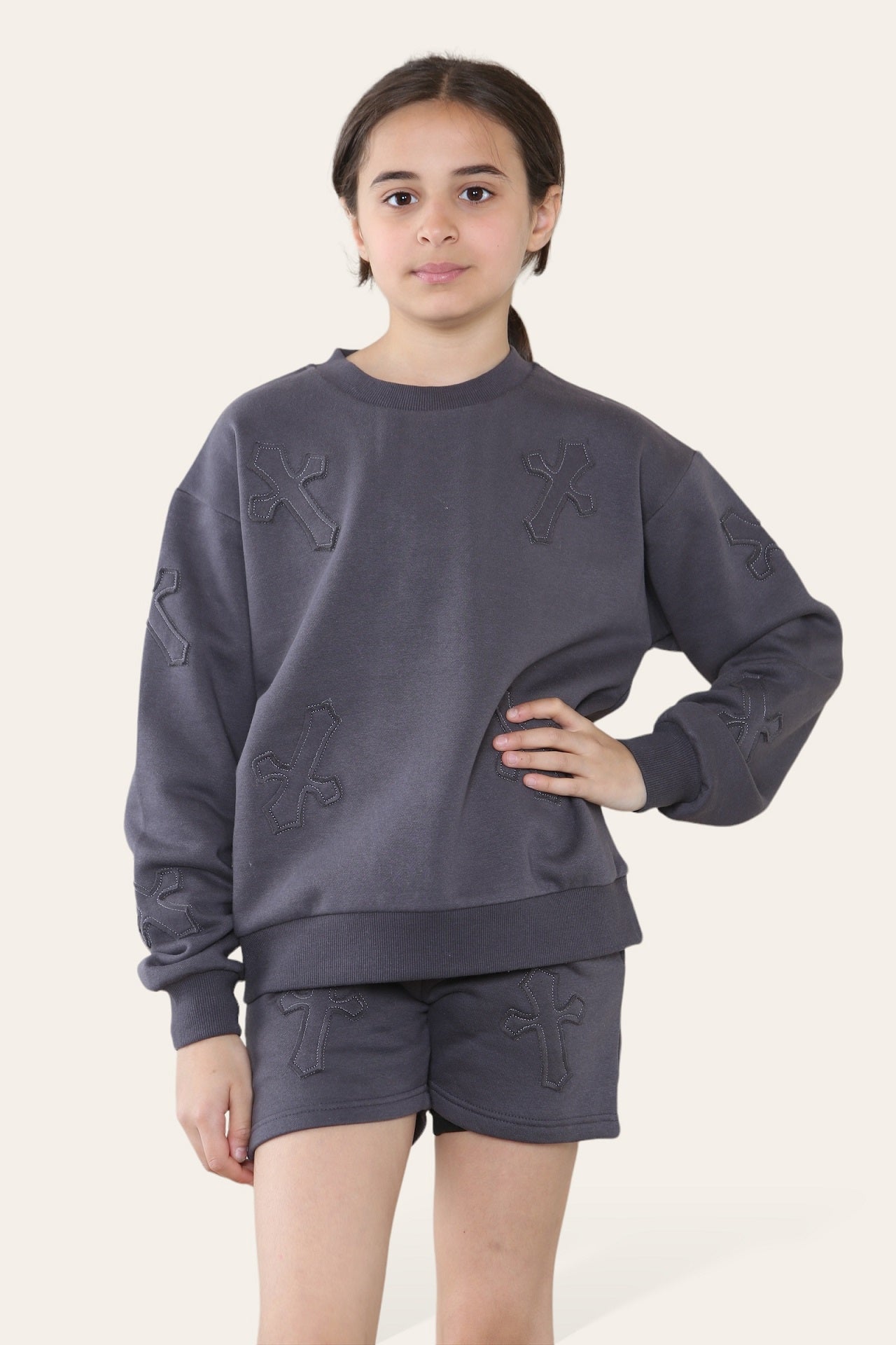 Kids Crucifix Cross Sweatshirt & Shorts Fleece Set - Valerie - Storm Desire