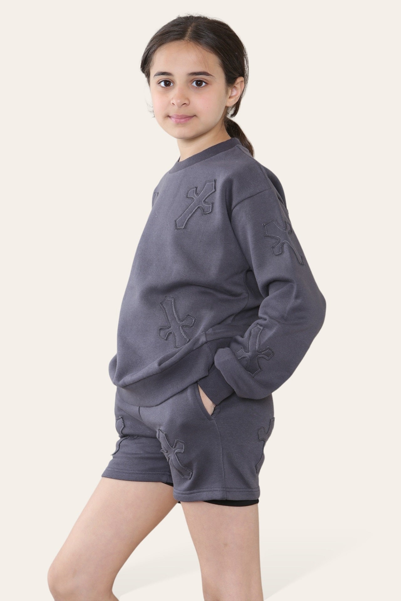 Kids Crucifix Cross Sweatshirt & Shorts Fleece Set - Valerie - Storm Desire