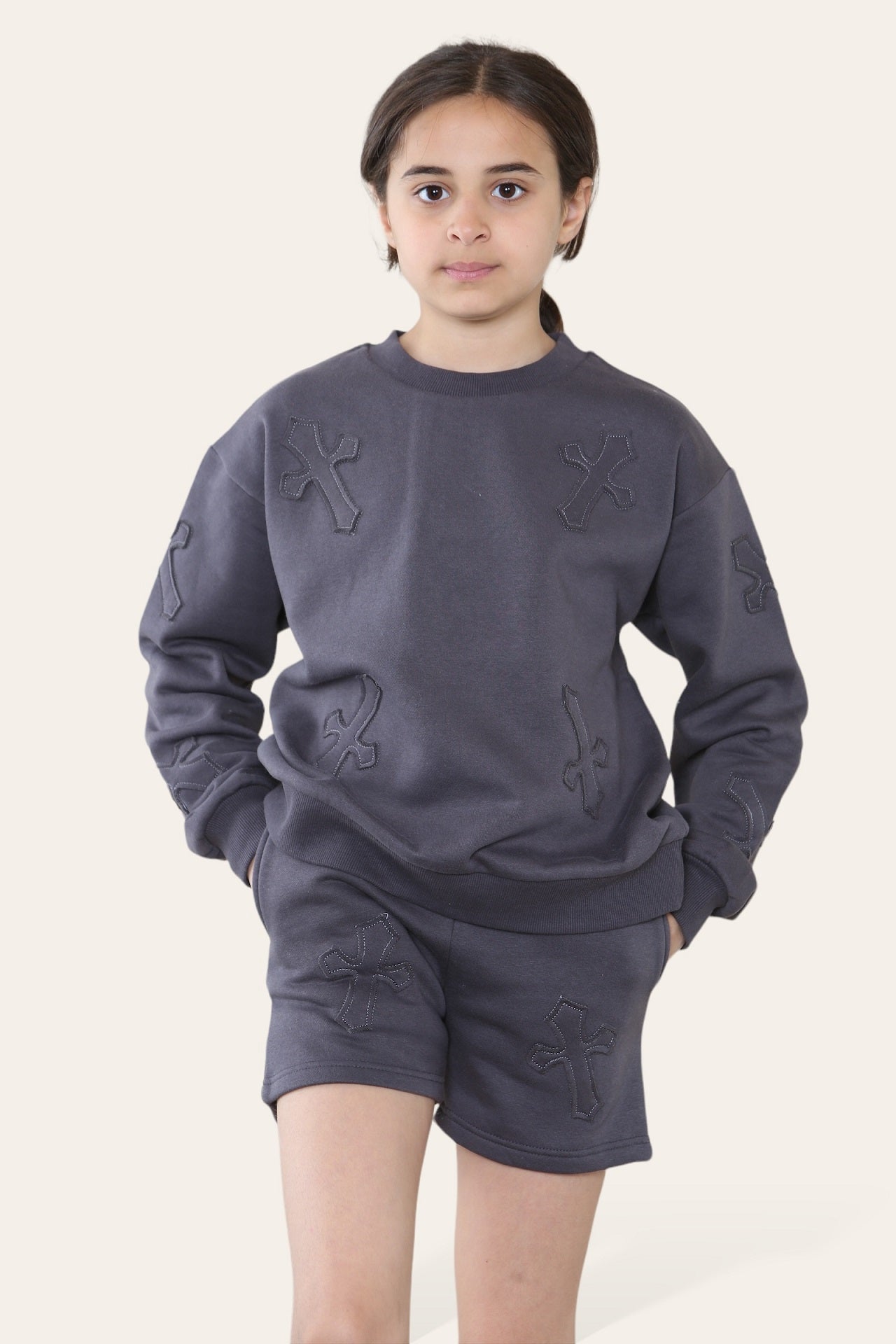 Kids Crucifix Cross Sweatshirt & Shorts Fleece Set - Valerie - Storm Desire