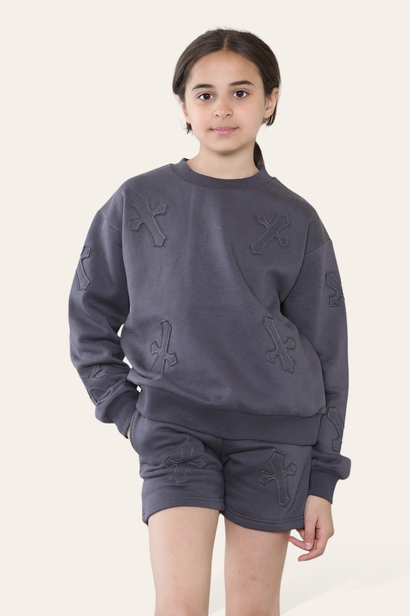 Kids Crucifix Cross Sweatshirt & Shorts Fleece Set - Valerie - Storm Desire