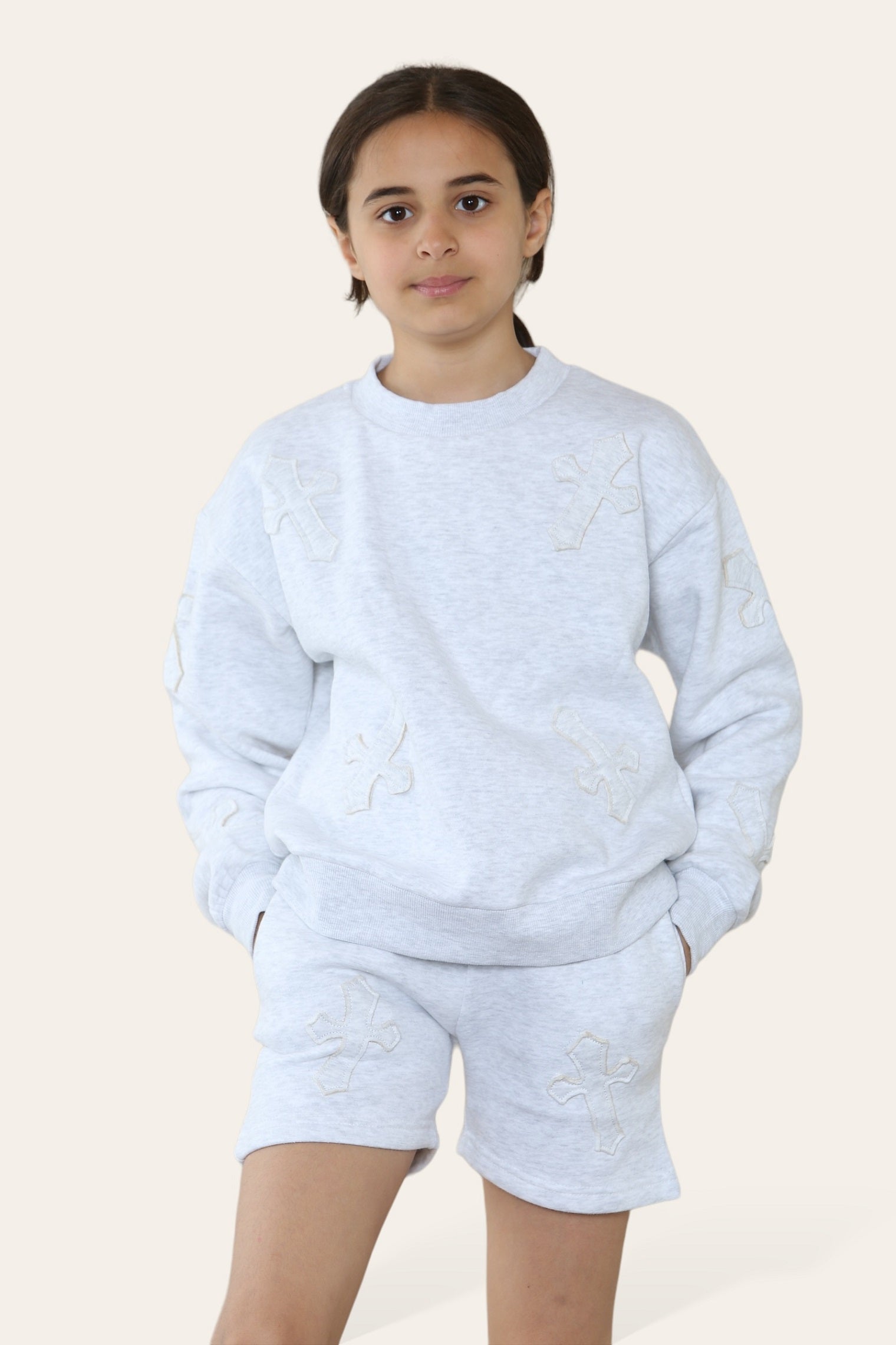 Kids Crucifix Cross Sweatshirt & Shorts Fleece Set - Valerie - Storm Desire