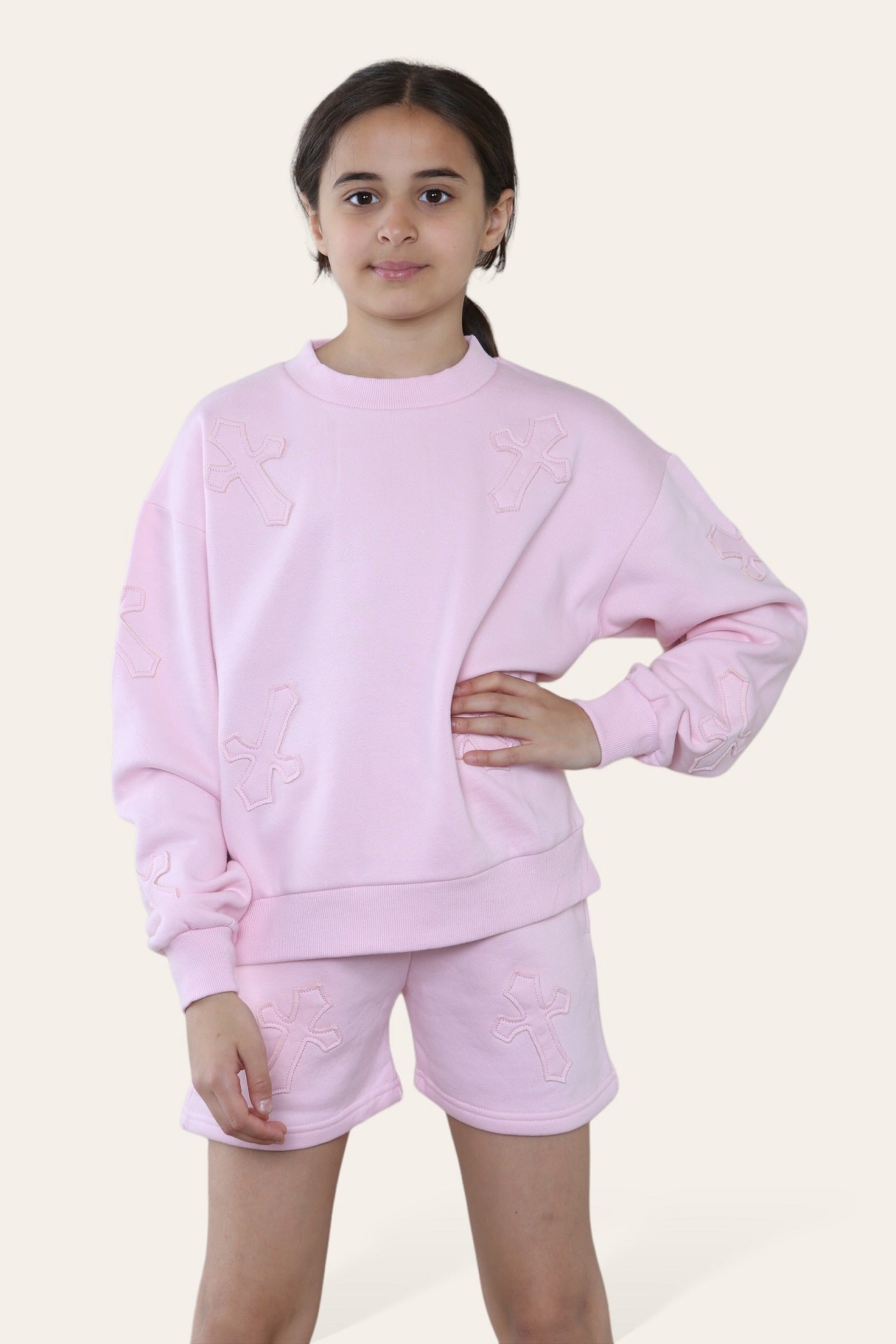 Kids Crucifix Cross Sweatshirt & Shorts Fleece Set - Valerie - Storm Desire