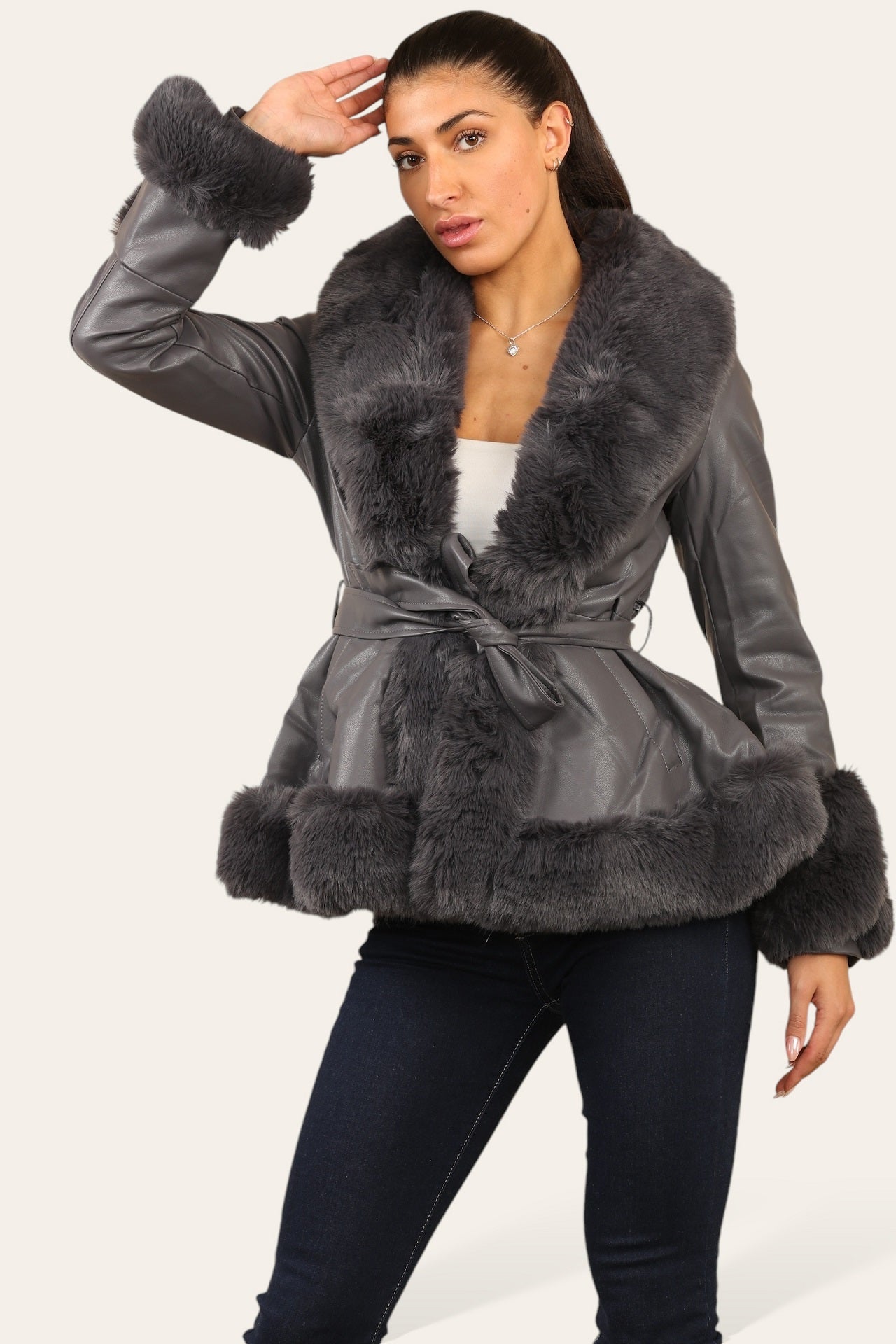 Faux Fur Trim Pu Swing Coat - Cordelia - Storm Desire