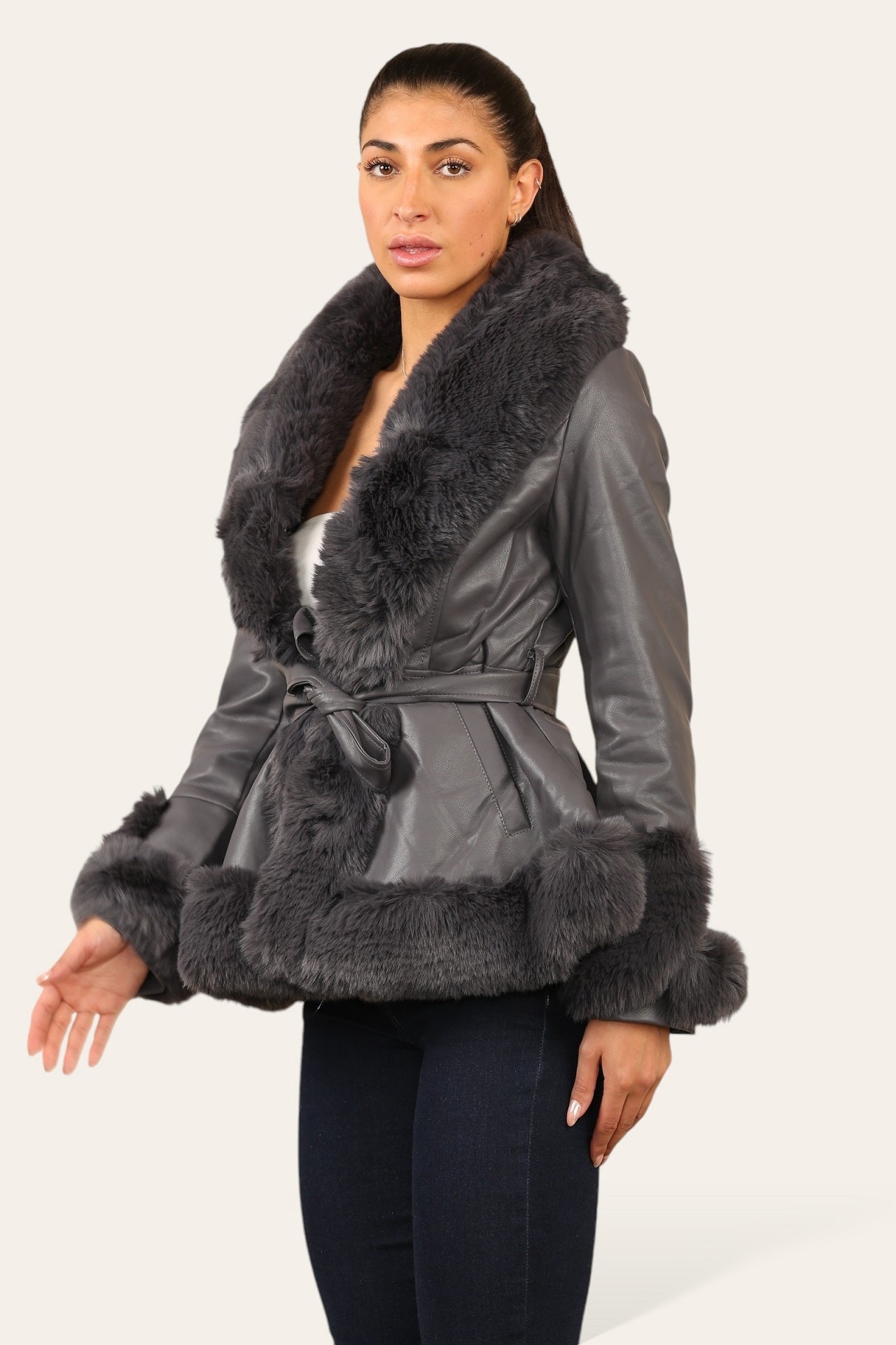 Faux Fur Trim Pu Swing Coat - Cordelia - Storm Desire