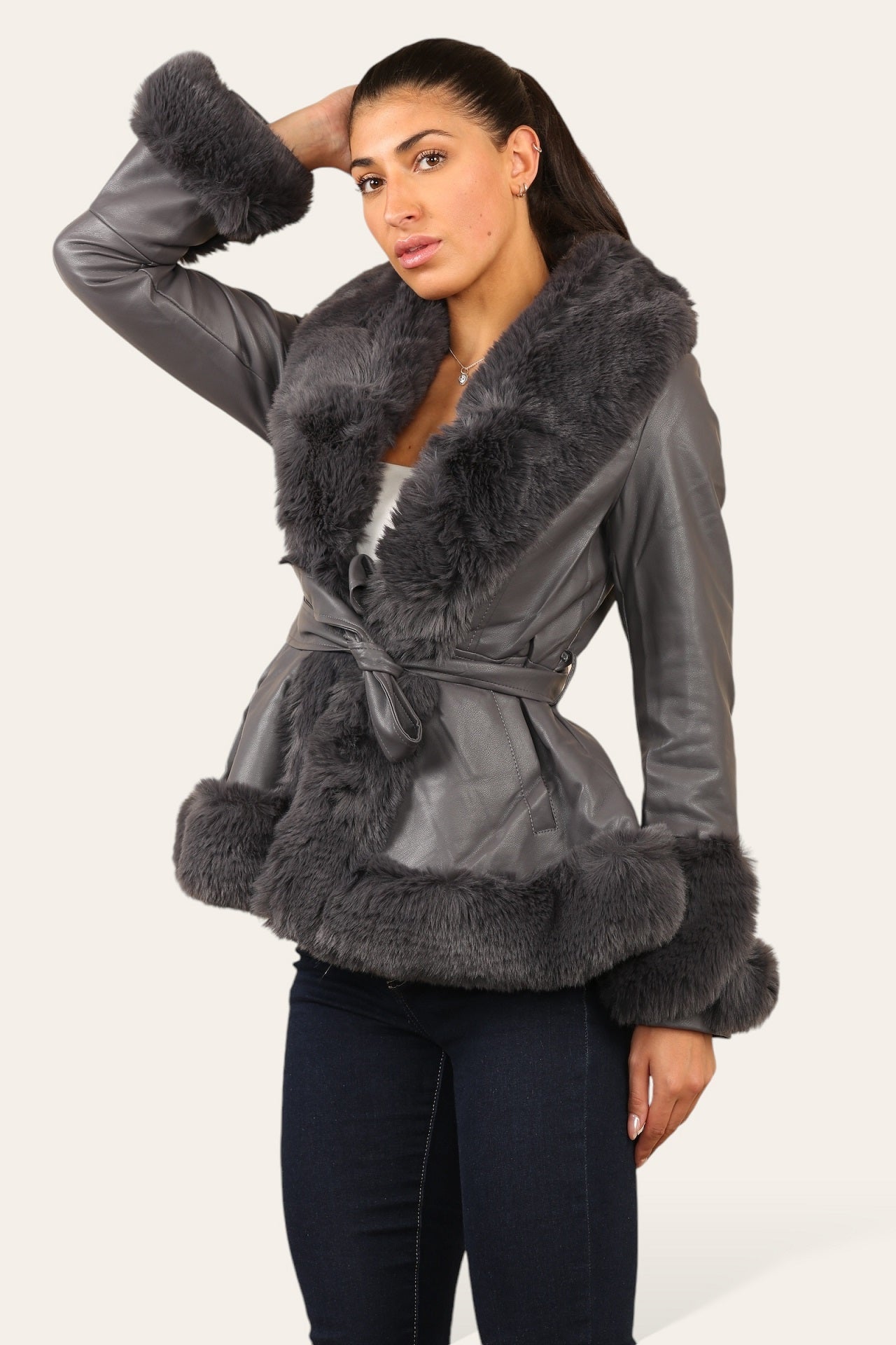 Faux Fur Trim Pu Swing Coat - Cordelia - Storm Desire