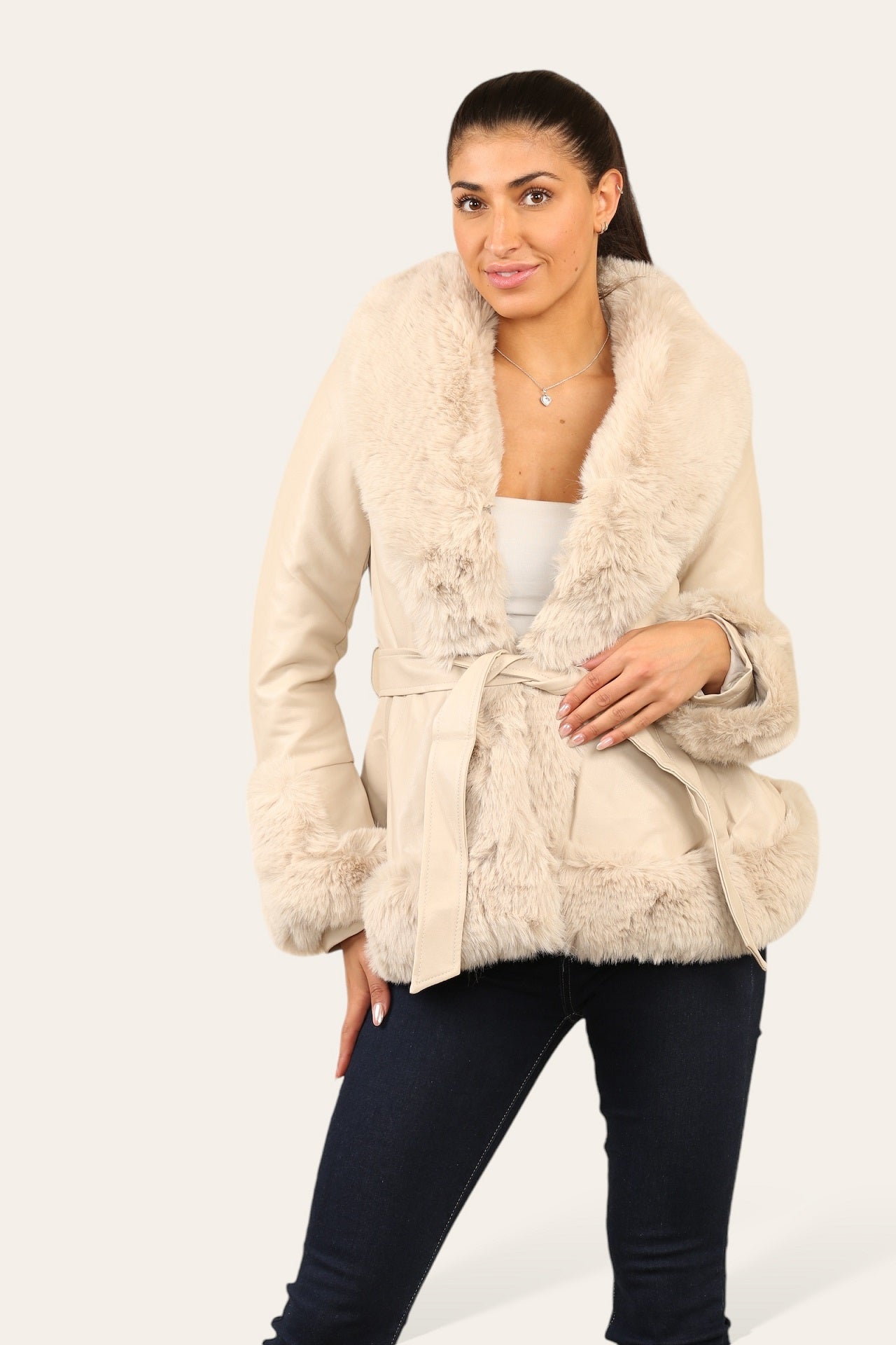 Faux Fur Trim Pu Swing Coat - Cordelia - Storm Desire