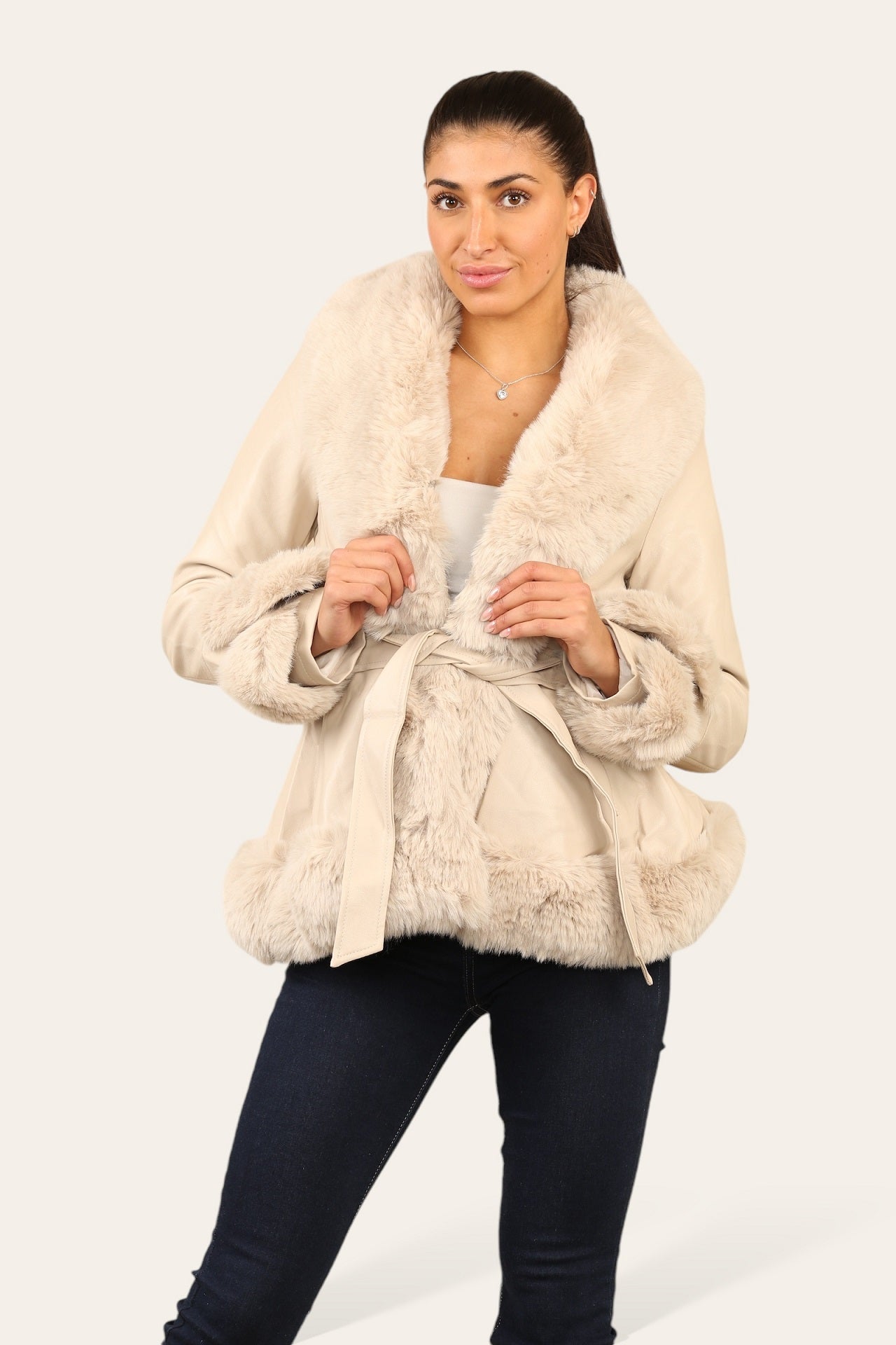 Faux Fur Trim Pu Swing Coat - Cordelia - Storm Desire