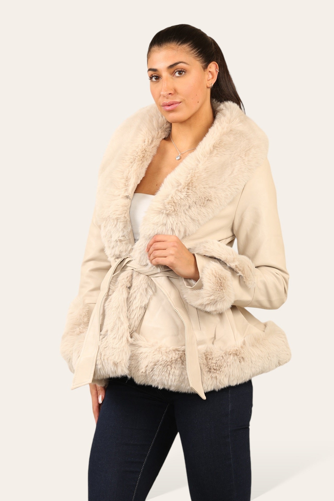 Faux Fur Trim Pu Swing Coat - Cordelia - Storm Desire