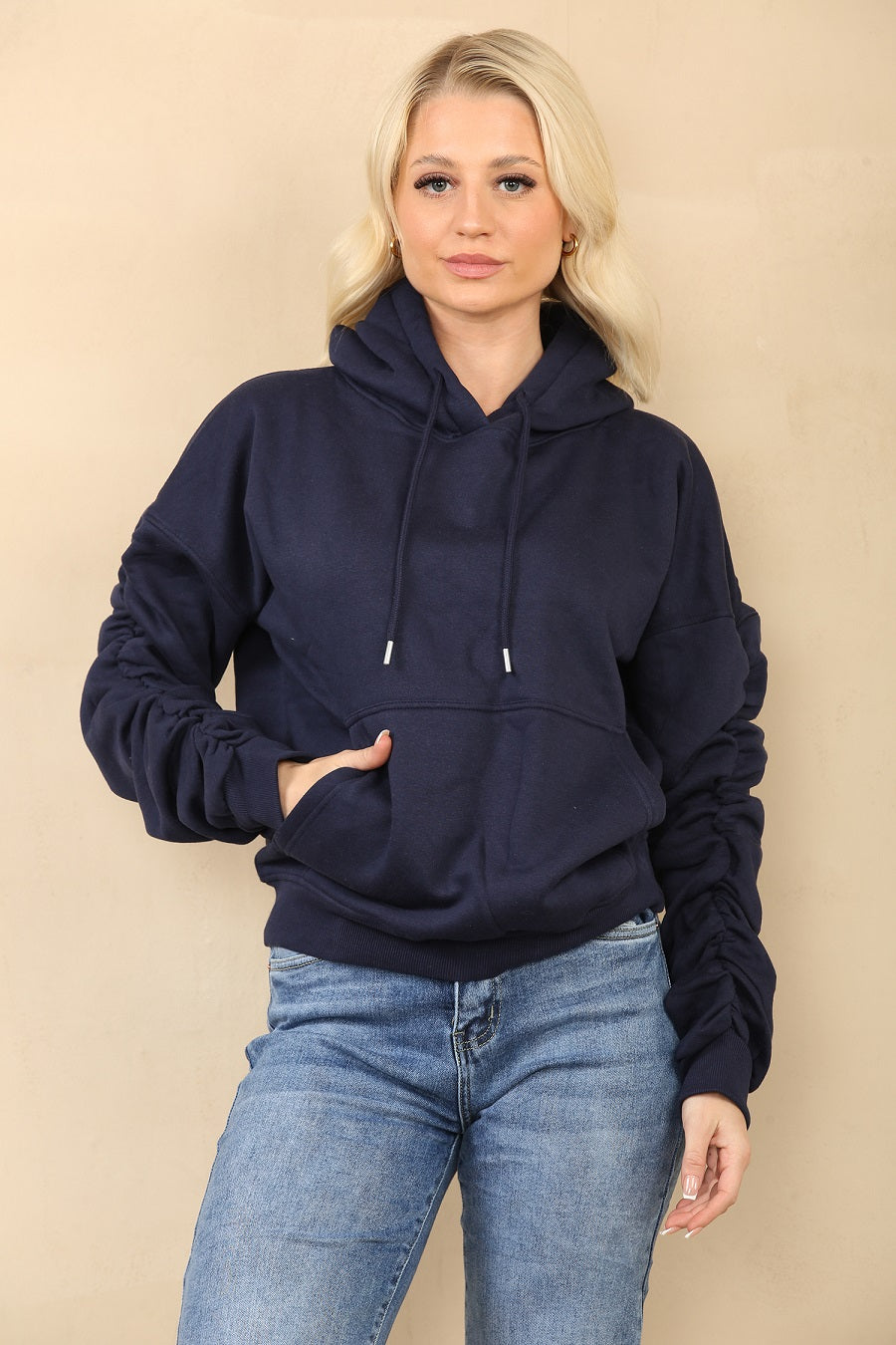 Ruched Sleeve Hooded Sweatshirt - Kora - Storm Desire