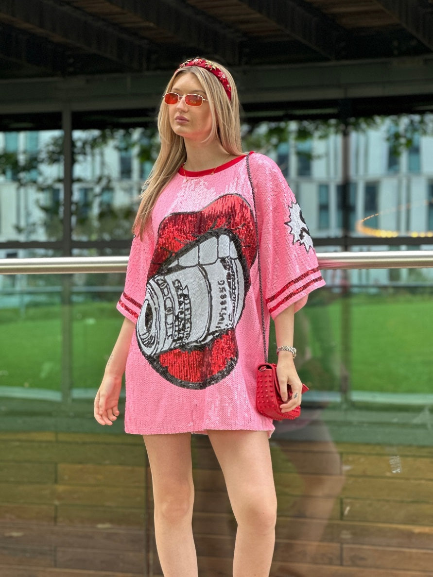 Oversized Dollar Lips Sequin T-Shirt Dress - Vanessa - Storm Desire