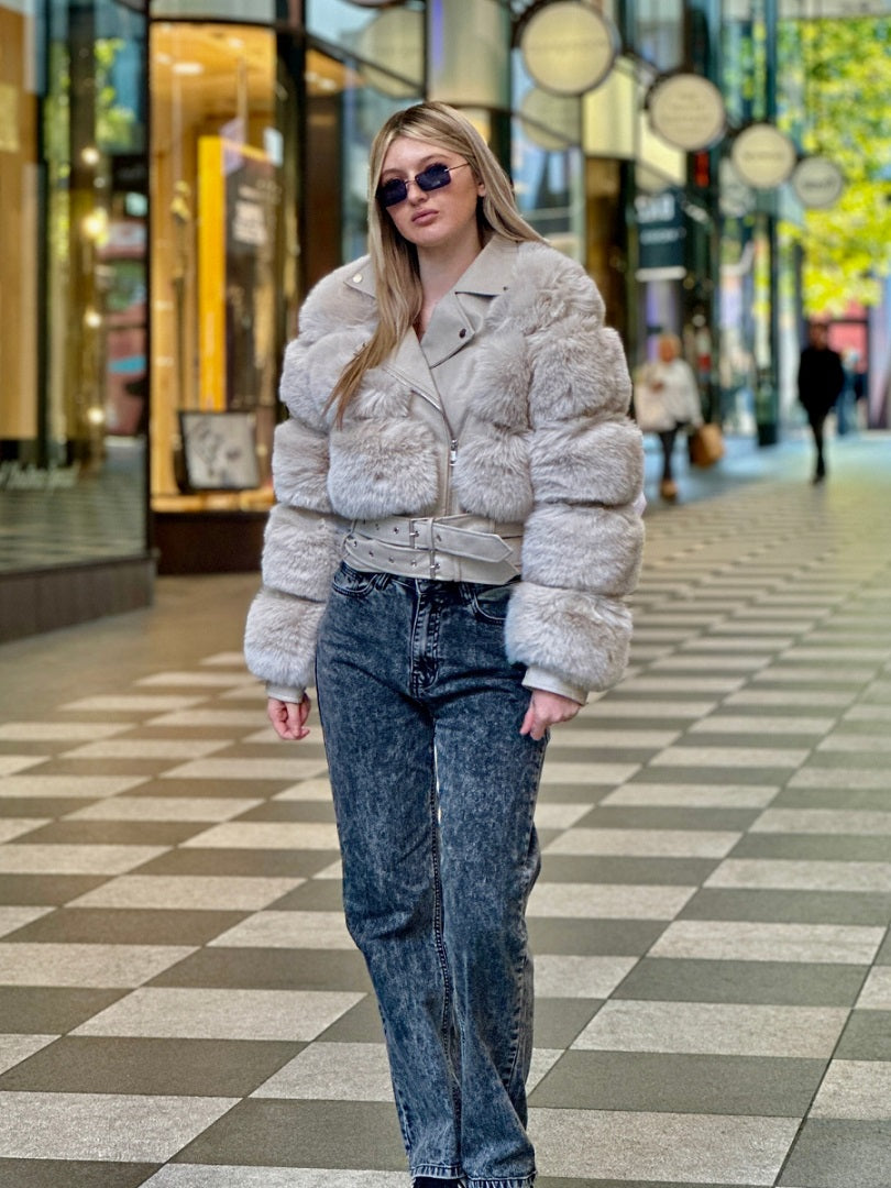 Faux Fur Panel Biker Jacket - Penelope - Storm Desire