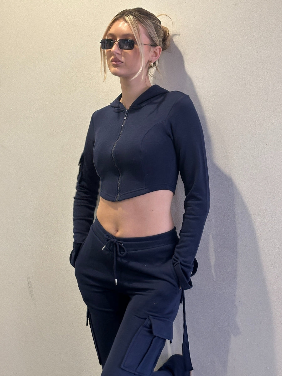 Navy Utility Pocket Crop Zip Top & Flare Jogger Set - Isabel - Storm Desire