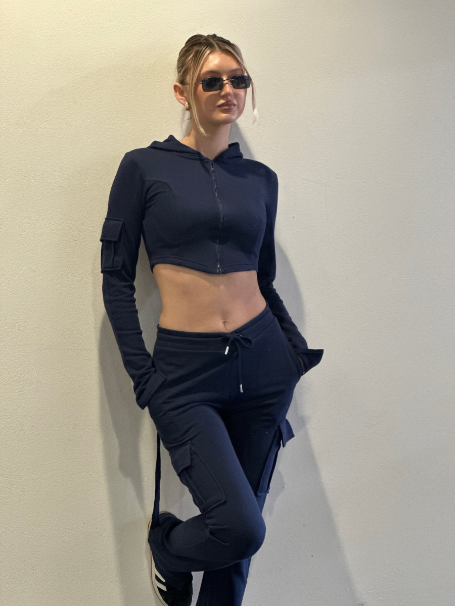 Navy Utility Pocket Crop Zip Top & Flare Jogger Set - Isabel - Storm Desire