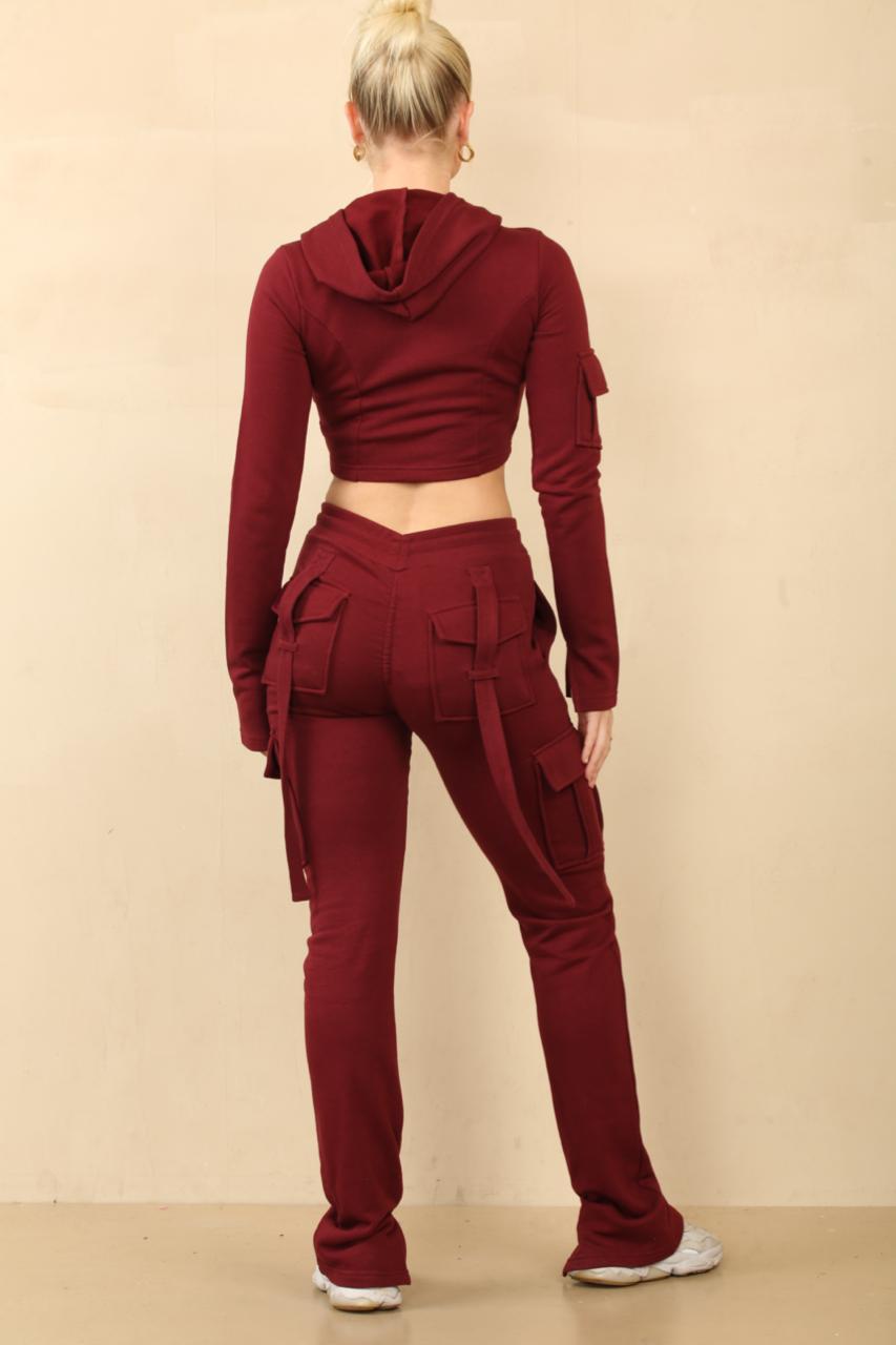 Wine Utility Pocket Crop Zip Top & Flare Jogger Set - Isabel