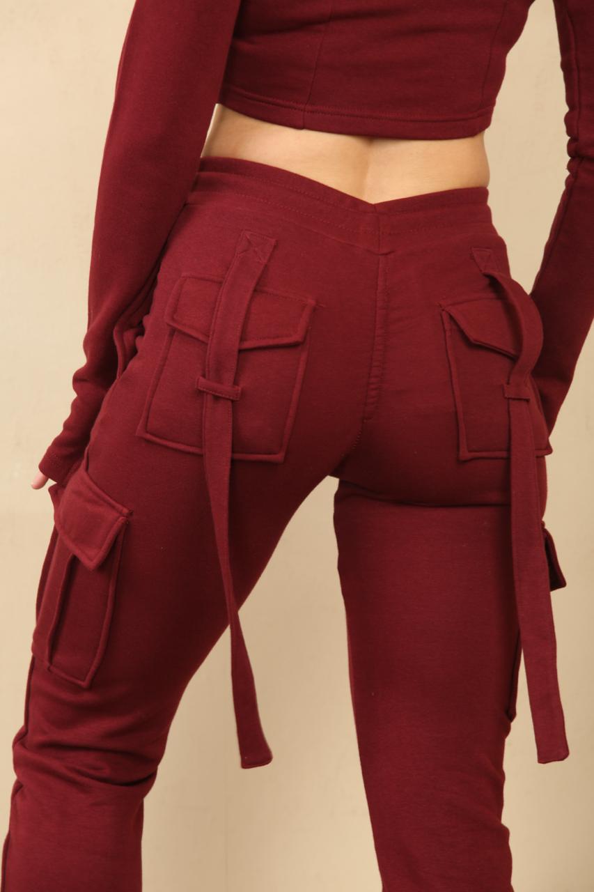 Wine Utility Pocket Crop Zip Top & Flare Jogger Set - Isabel