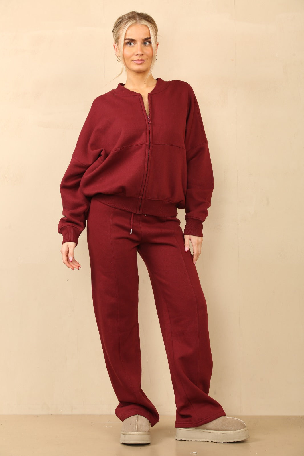 Wine Bomber Style Oversize Fleece Zipper & Jogger Set - Sara - Storm Desire