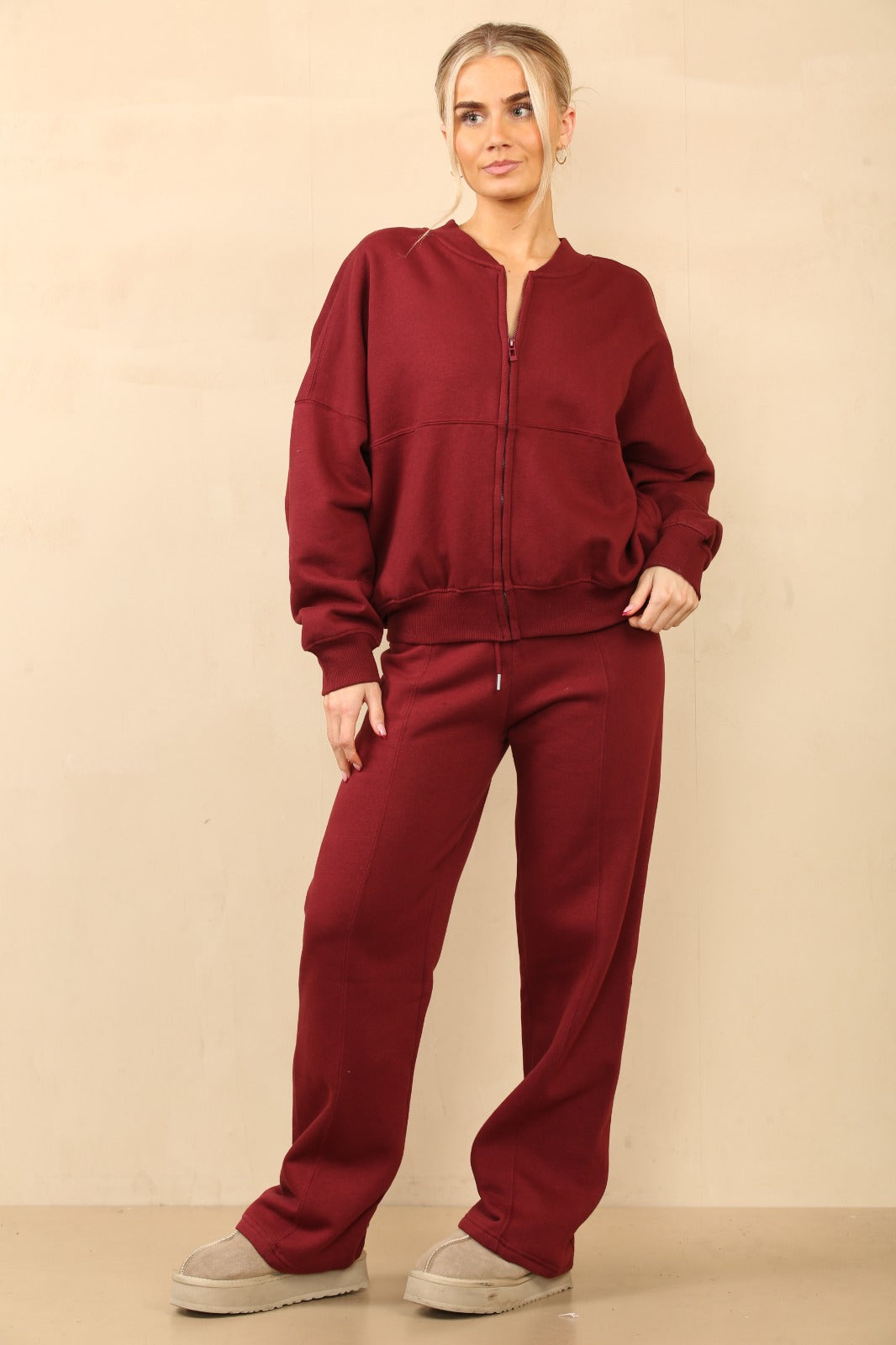 Wine Bomber Style Oversize Fleece Zipper & Jogger Set - Sara - Storm Desire