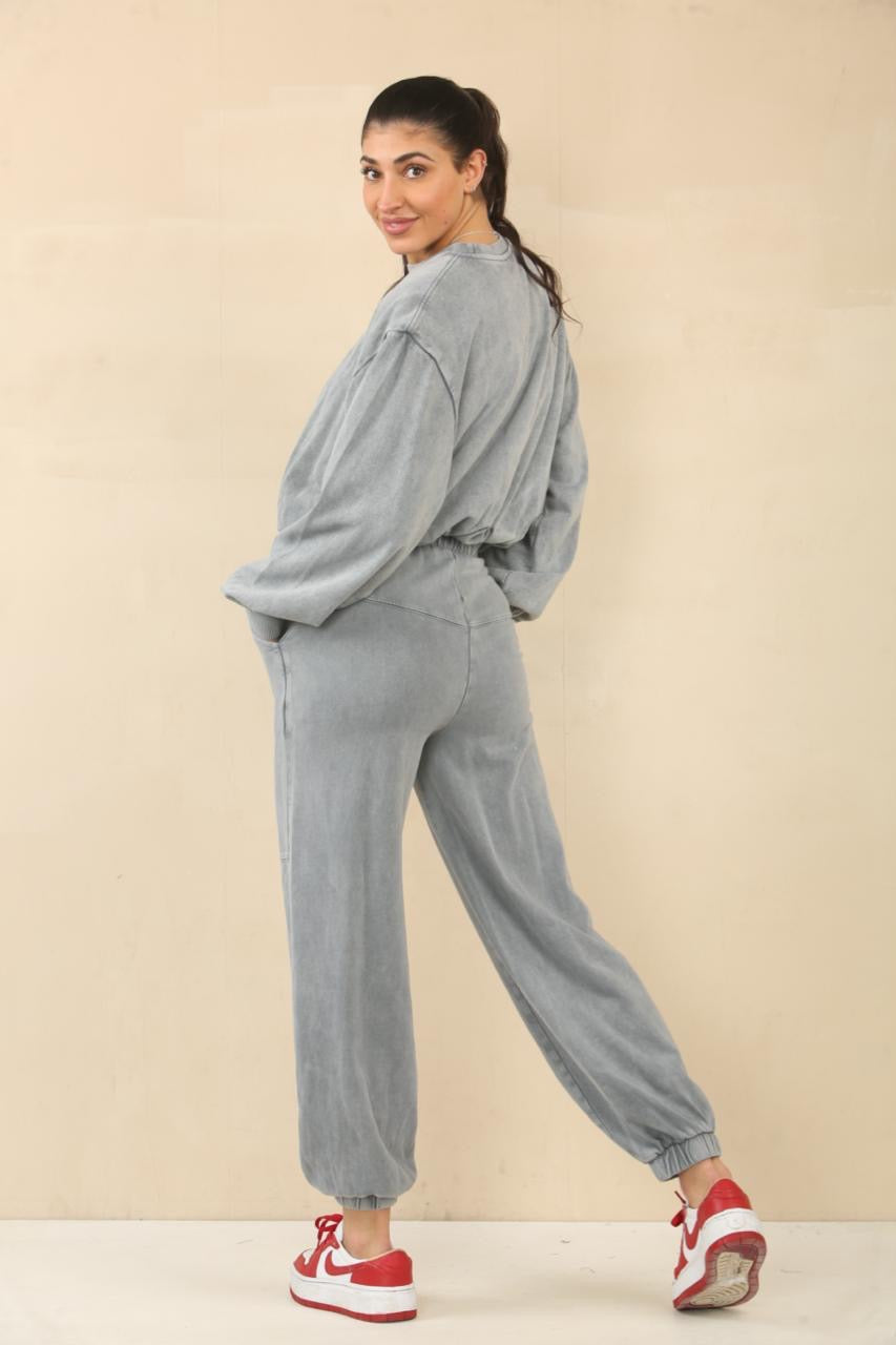 Acid Wash Bubble Hem Sweatshirt & Jogger Tracksuit - Amanda