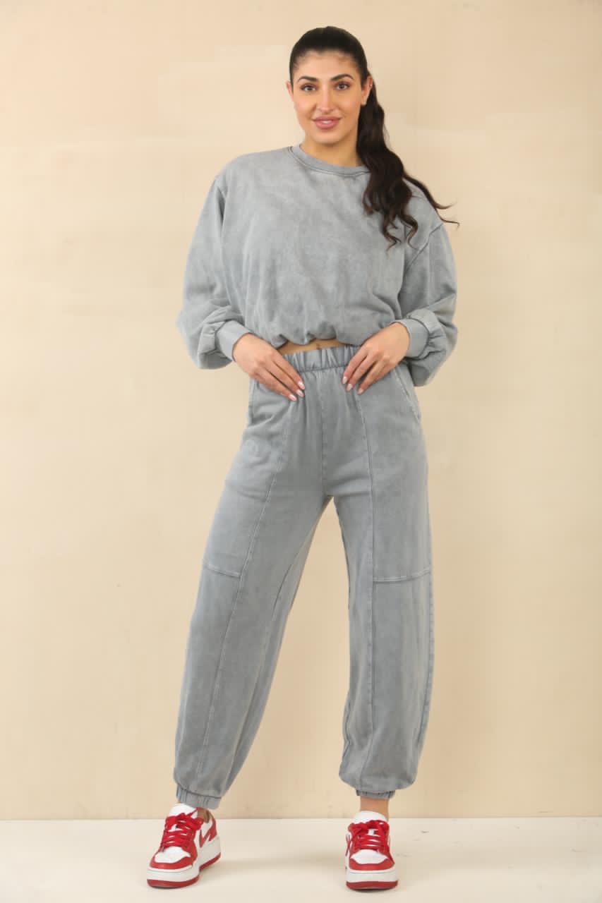 Acid Wash Bubble Hem Sweatshirt & Jogger Tracksuit - Amanda