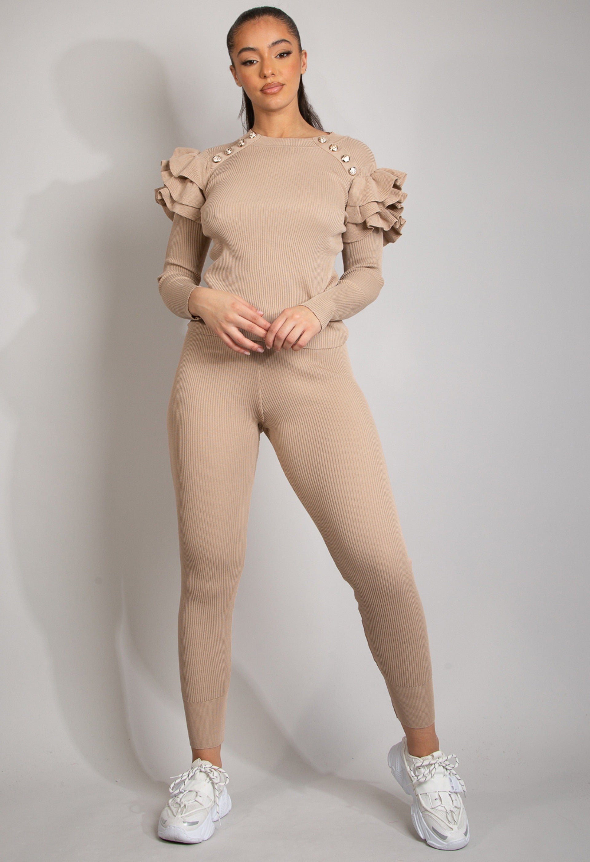 Brown Ribbed Knitted Ruffle Jumper & Legging Set - Lacey – Storm Desire