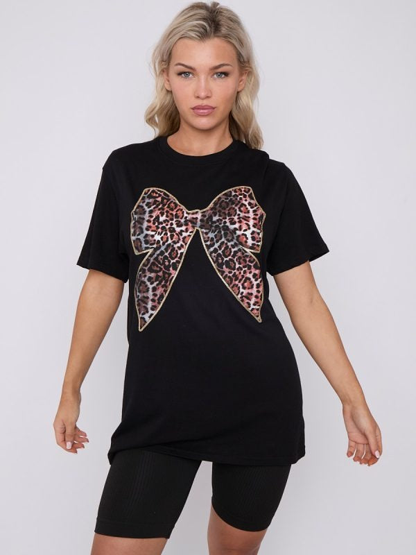 Black Leopard Print Bow Graphic Printed T-Shirt - Bailey - Storm Desire