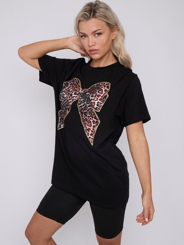 Black Leopard Print Bow Graphic Printed T-Shirt - Bailey - Storm Desire