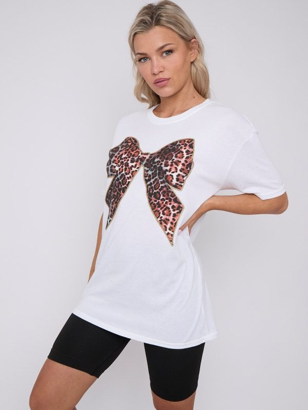 White Leopard Print Bow Graphic Printed T-Shirt - Bailey - Storm Desire