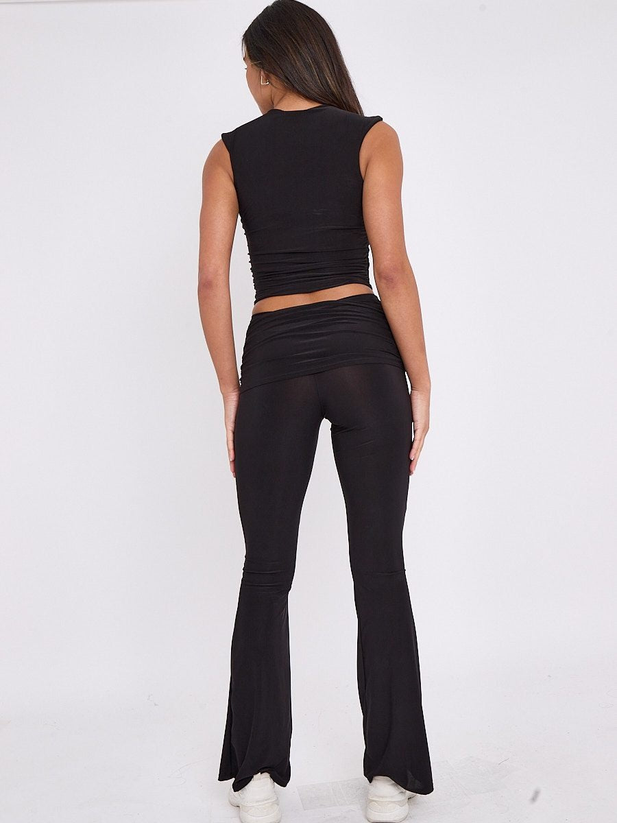 Black Ruched Crop Top & Fold Over Flared Trouser Co-ord - Juliette - Storm Desire