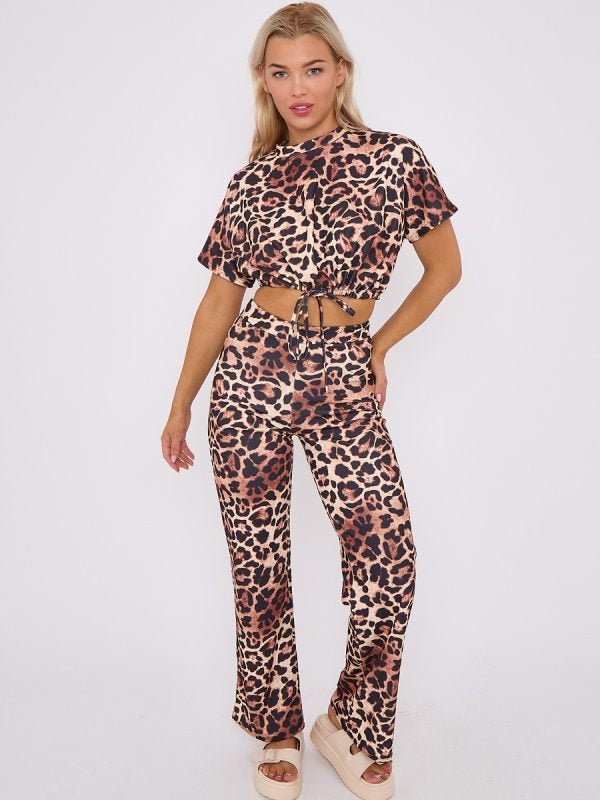 Leopard Print Batwing Crop Top & Trouser Set - River - Storm Desire