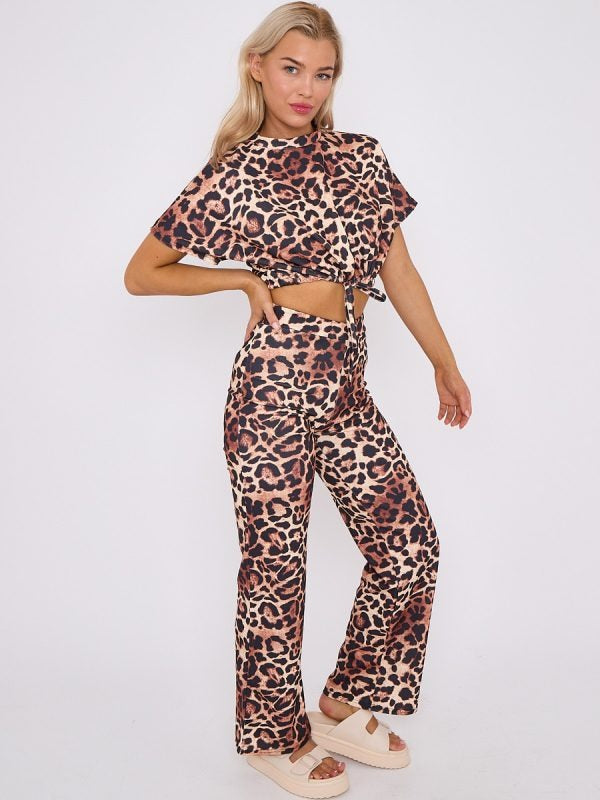 Leopard Print Batwing Crop Top & Trouser Set - River - Storm Desire