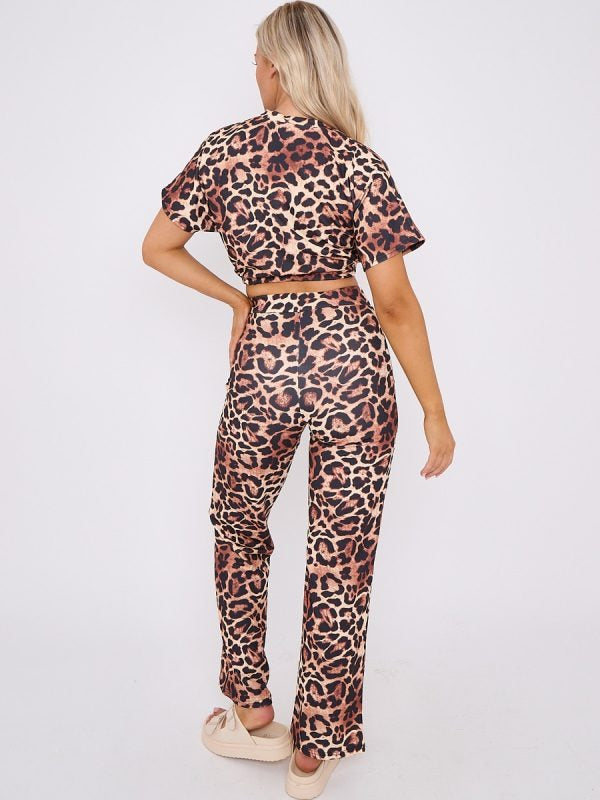 Leopard Print Batwing Crop Top & Trouser Set - River - Storm Desire