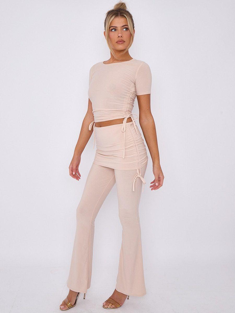 Beige Ruched Crop Top & Fold Over Flared Trouser Co-ord - Delilah - Storm Desire