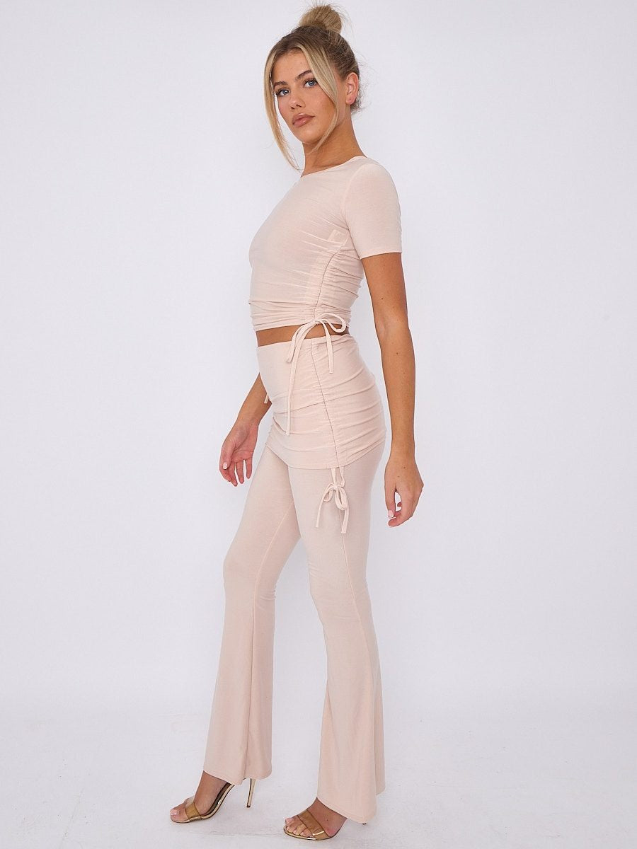 Beige Ruched Crop Top & Fold Over Flared Trouser Co-ord - Delilah - Storm Desire