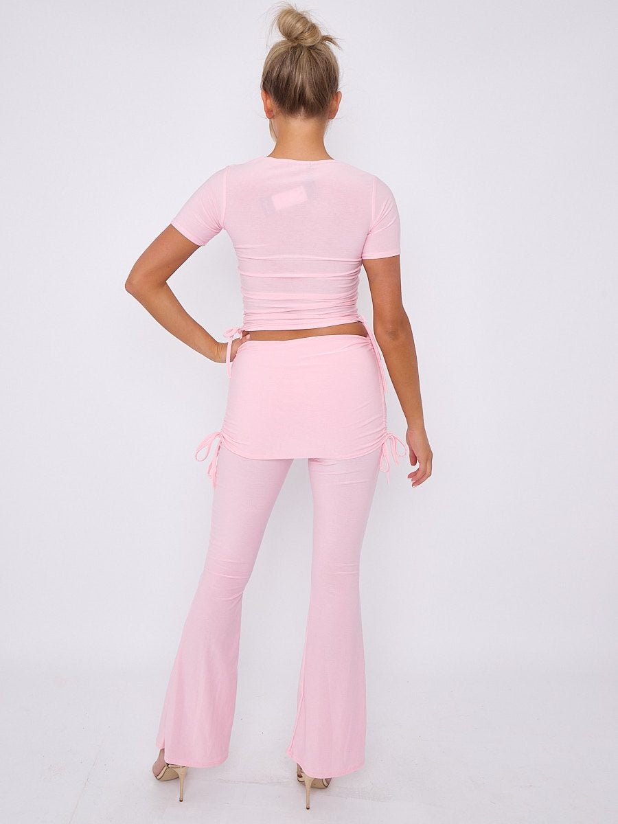 Pink Ruched Crop Top & Fold Over Flared Trouser Co-ord - Delilah - Storm Desire