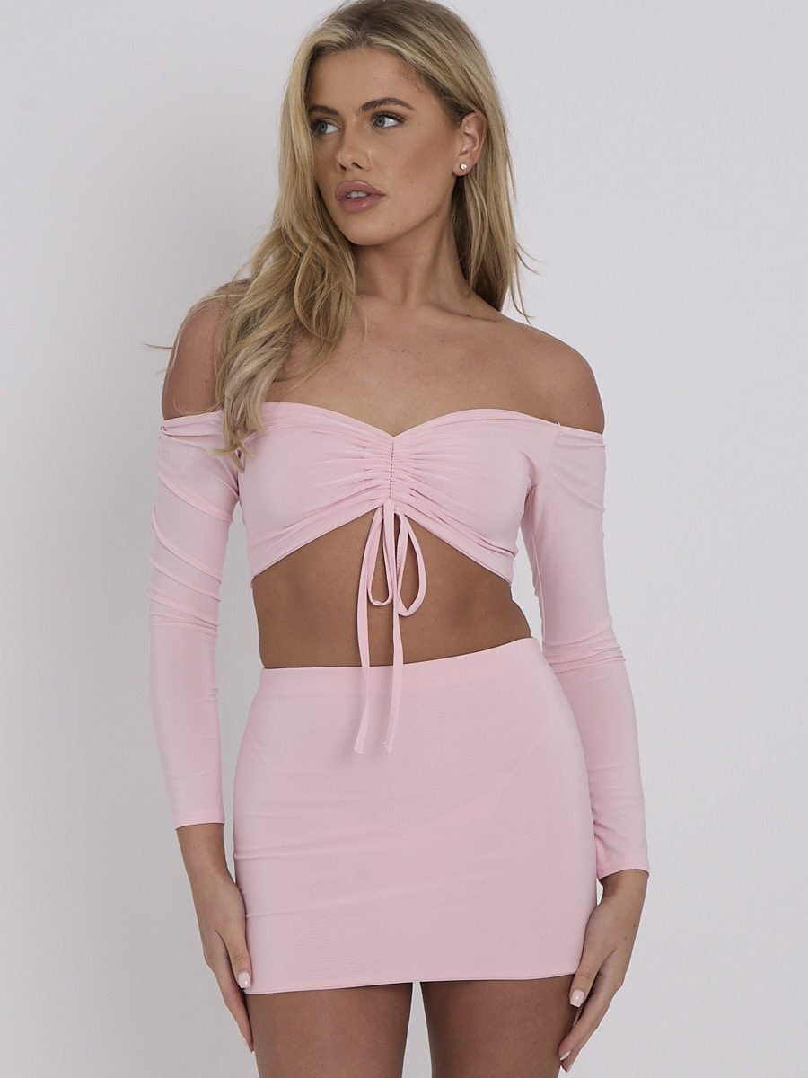 Slinky Ruched Bardot Crop Top & Mini Skirt Co-ord - Lucy - Storm Desire