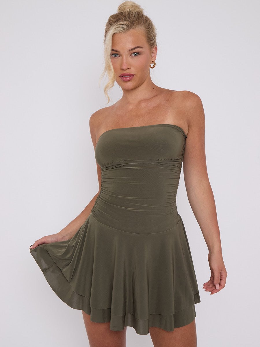 Frill Detail Slinky Bandeau Dress - Olive - Storm Desire