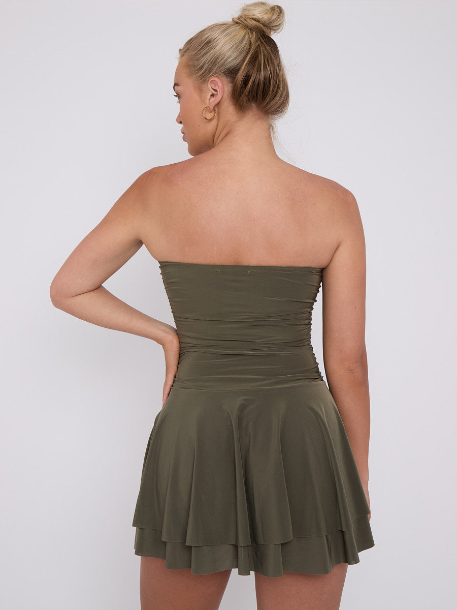 Frill Detail Slinky Bandeau Dress - Olive - Storm Desire