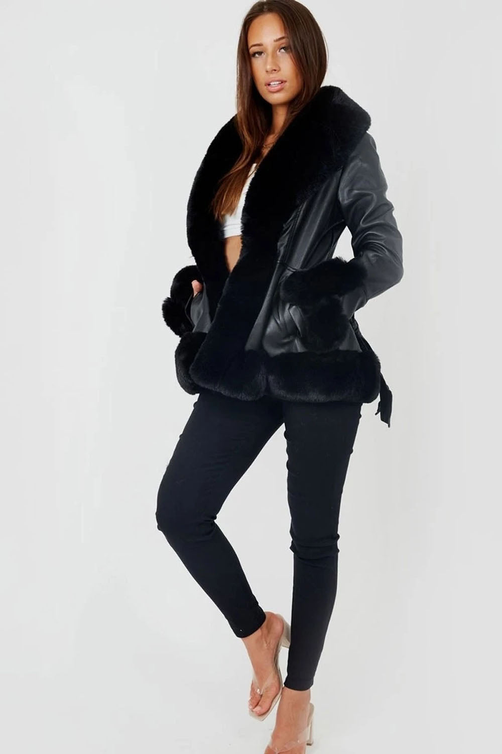 Faux Fur Trim Pu Swing Coat - Cordelia - Storm Desire