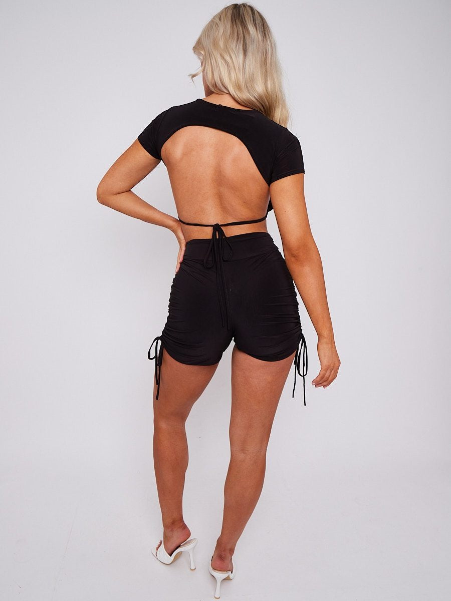 Black Open Back Crop Top & Ruched Shorts Co-ord - Ember - Storm Desire