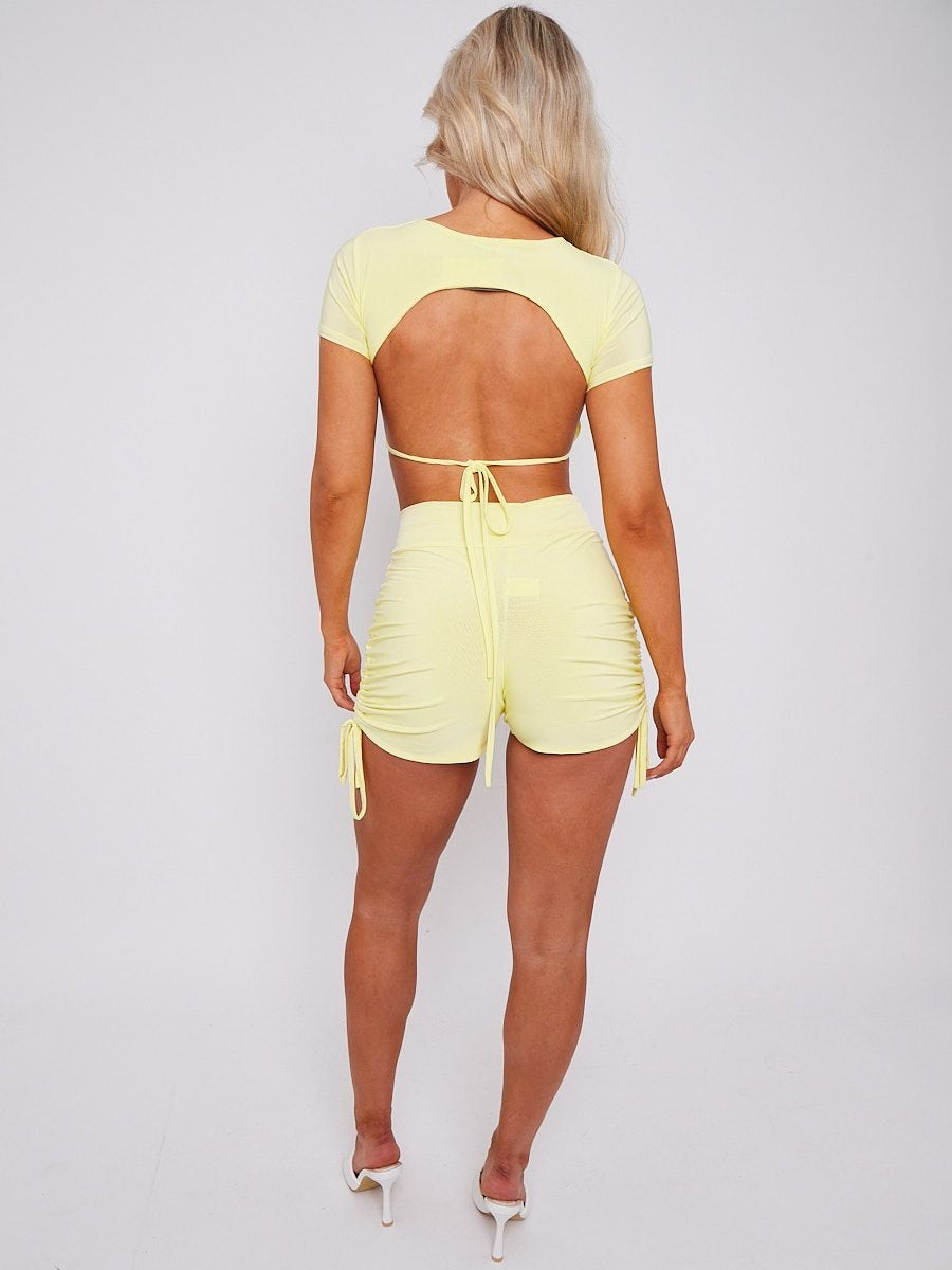 Yellow Open Back Crop Top & Ruched Shorts Co-ord - Ember - Storm Desire