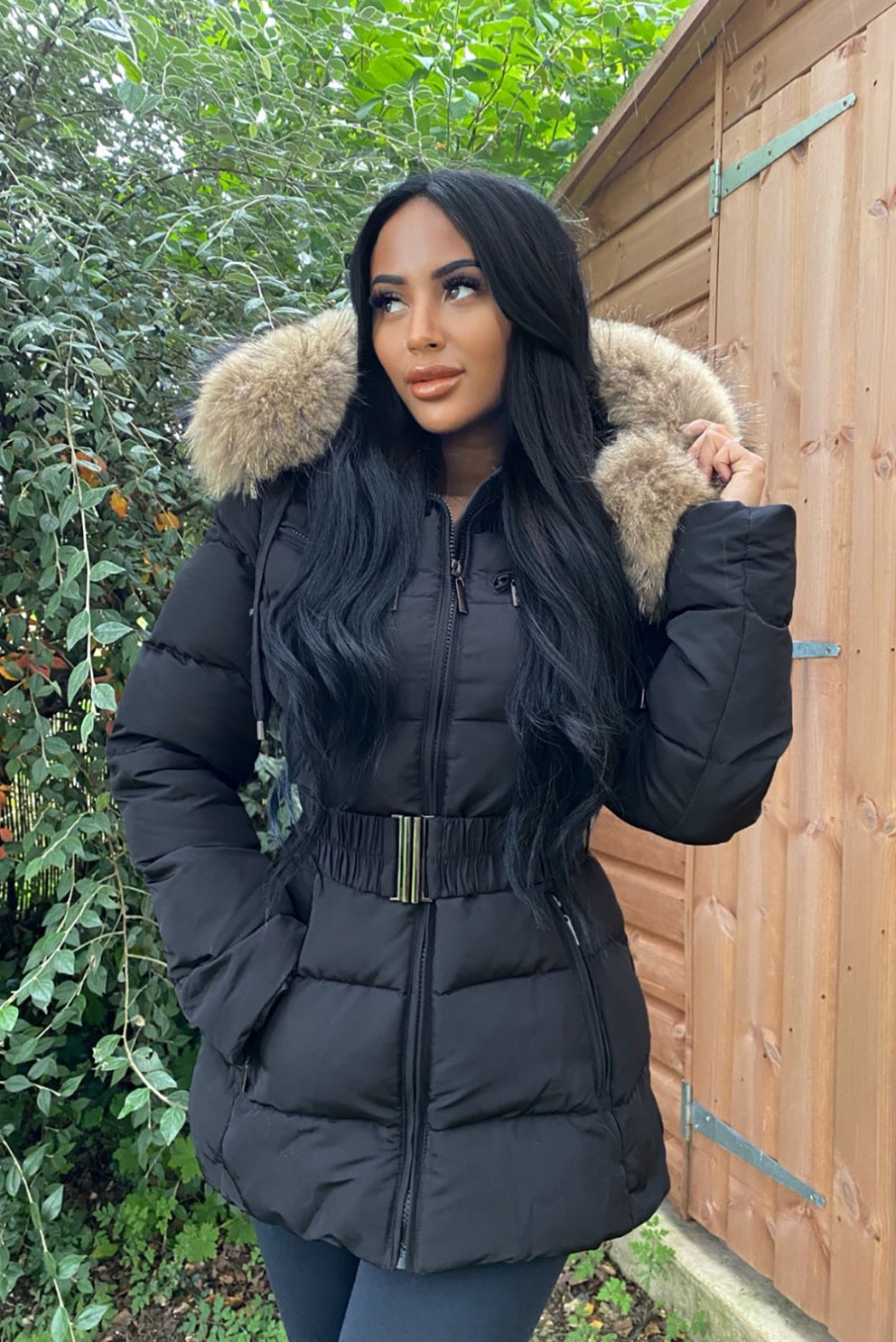 Ladies puffer jacket fur hood on sale