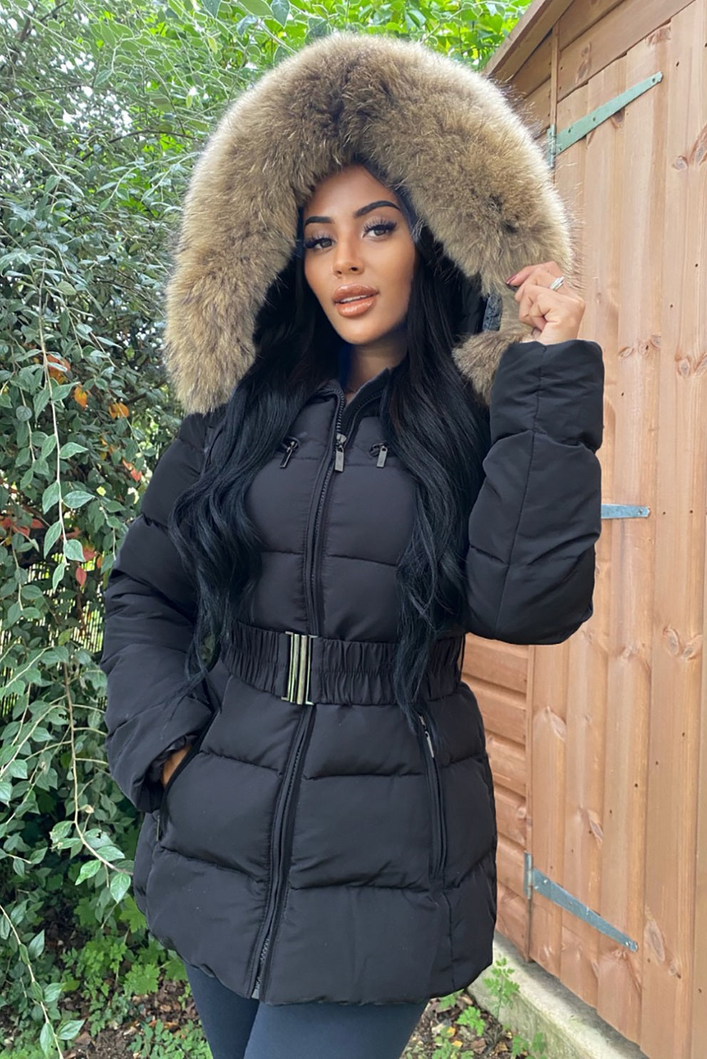 Black puffer coat with fur hood sale