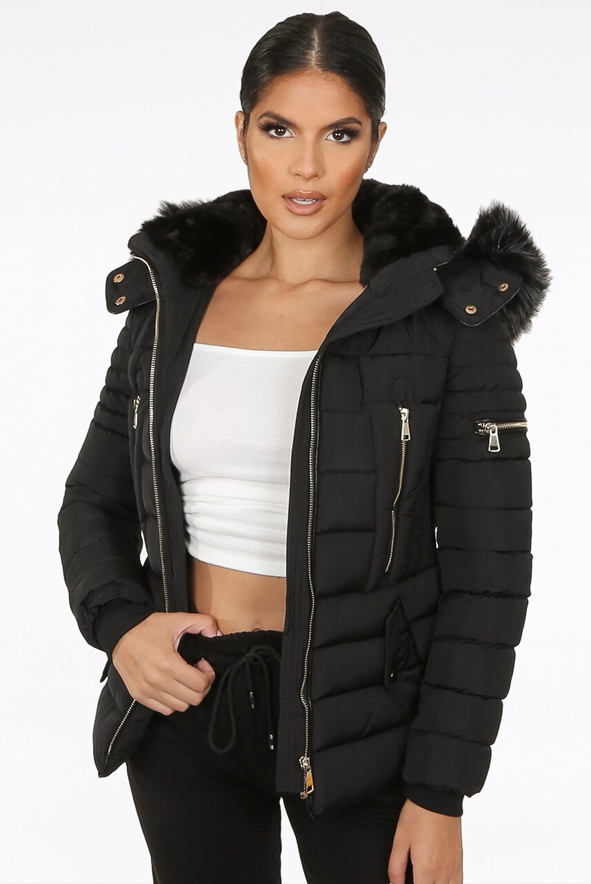 Black Faux Fur Hood Puffer Jacket - Acadia - Storm Desire