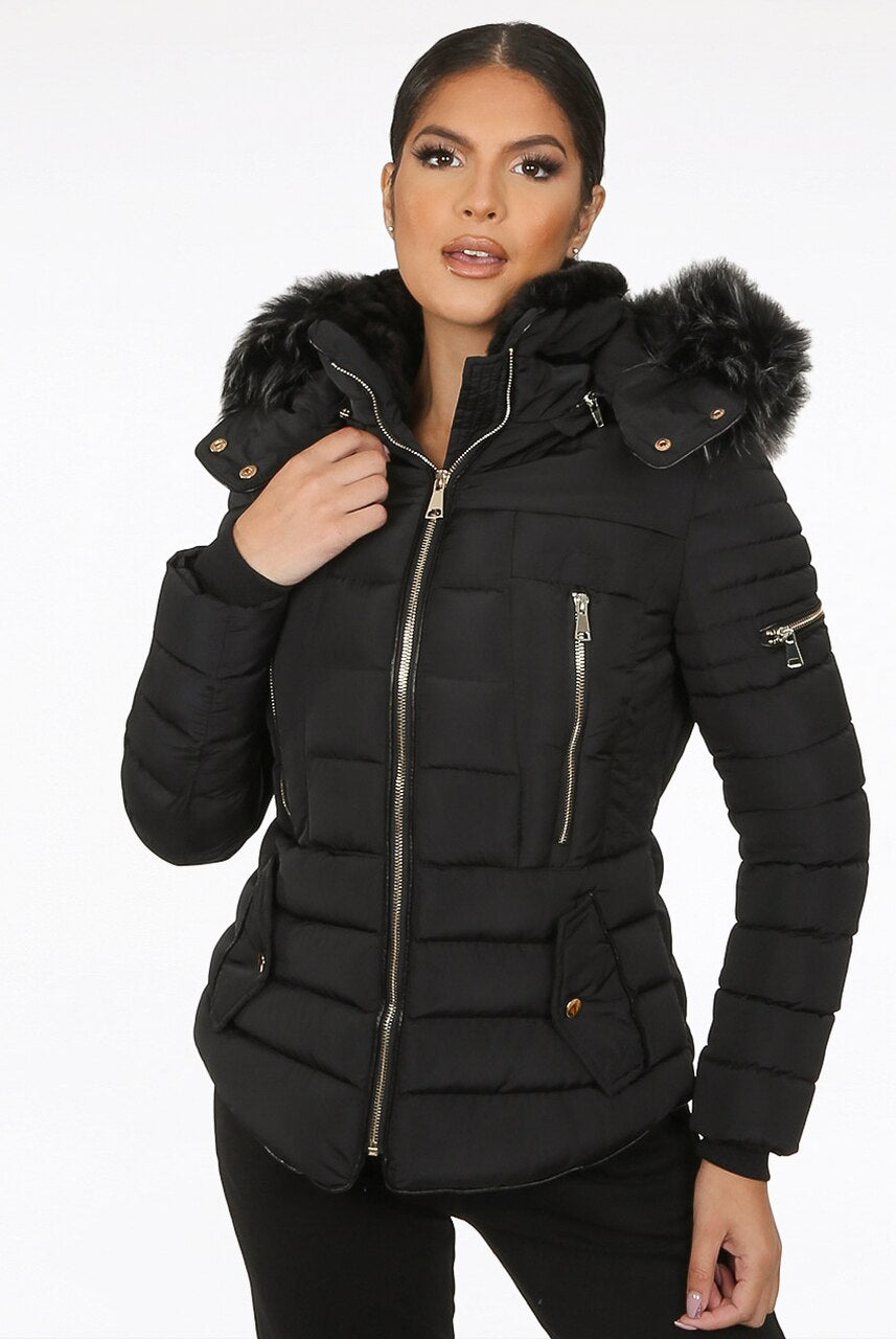 Black Faux Fur Hood Puffer Jacket - Acadia - Storm Desire