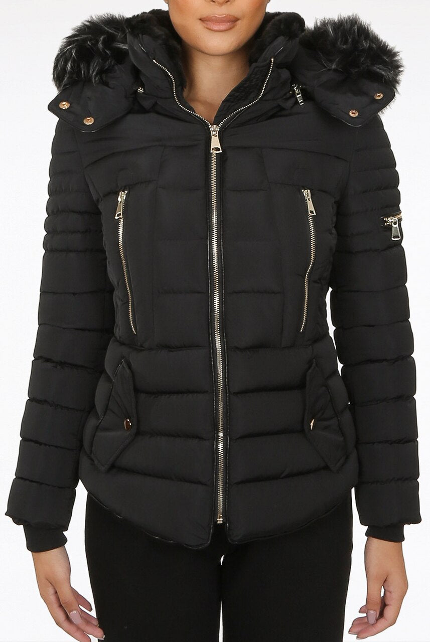 Black Faux Fur Hood Puffer Jacket - Acadia - Storm Desire