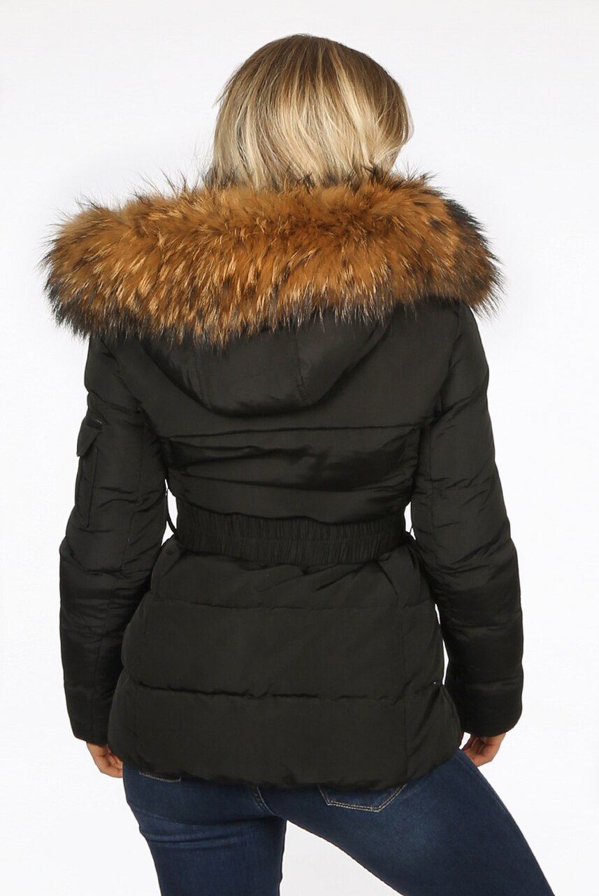 Black Natural Real Fur Hood Attentif Puffer Zip Jacket - Aria - Storm Desire