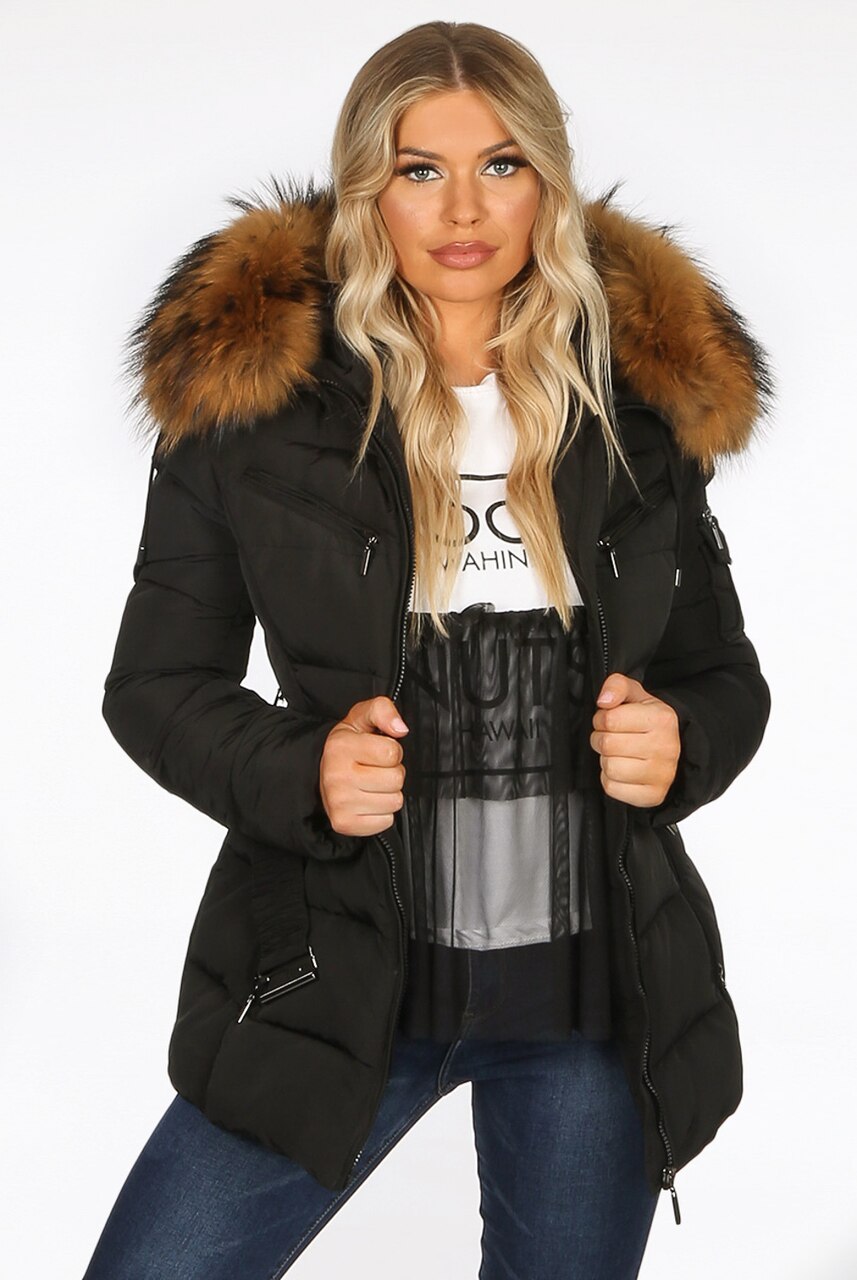 Black Natural Real Fur Hood Attentif Puffer Zip Jacket - Aria - Storm Desire